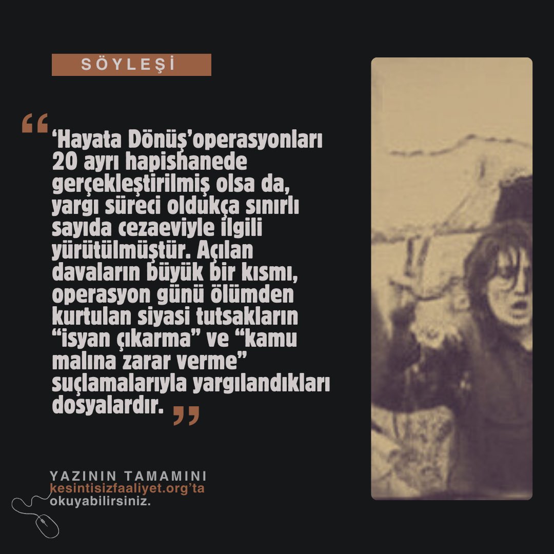 “Hayata Dönüş” Katliamı: Tecrit, Cezasızlık, Zamanaşımı – Av. Güçlü Sevimli ile Söyleşi

Söyleşinin tamamını okumak için: 
kesintisizfaaliyet.org/hayata-donus-k…

#19Aralık #19AralıkKatliamı