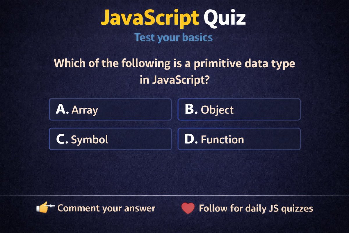 SmartLearnHub's tweet image. JavaScript Quiz 🧠
What’s your answer? 👇
#JavaScript
#CodingQuiz