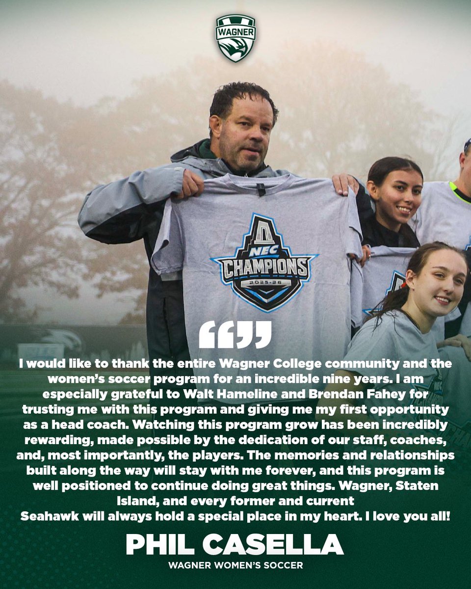 Thank you, Phil! 💚

In nine seasons, Casella accumulated 50 wins including 27 in his final three seasons. Casella led the Seahawks to their first NEC Championship and NCAA Tournament appearance in program history in 2025.

#LetsFly