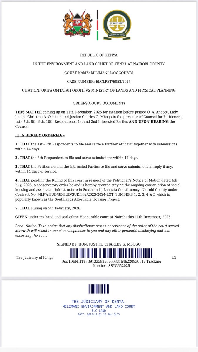 The Environment and Land Court has granted conservatory orders stopping the ongoing construction of the Southlands Affordable Housing Project in Lang’ata, pending determination of my application. This ruling reaffirms a fundamental principle of our Constitution: that development