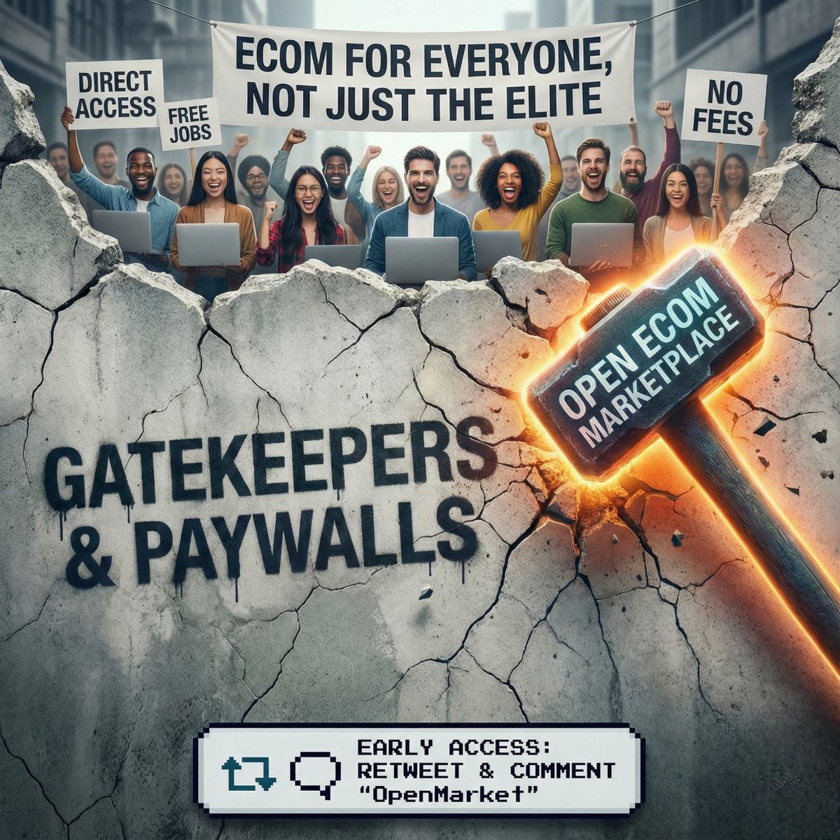 Fuck it! We are creating **OPEN Ecom Marketplace**

🚨 Direct access to Ecom Founders
🤝 100s of Job posts 
❌ Completely FREE

We will choose 20 people to get EARLY ACCESS. All you have to do it:

🔁 Retweet
💬 Comment “OpenMarket”

#GraphicDesigner #VideoEditor #Copywriter