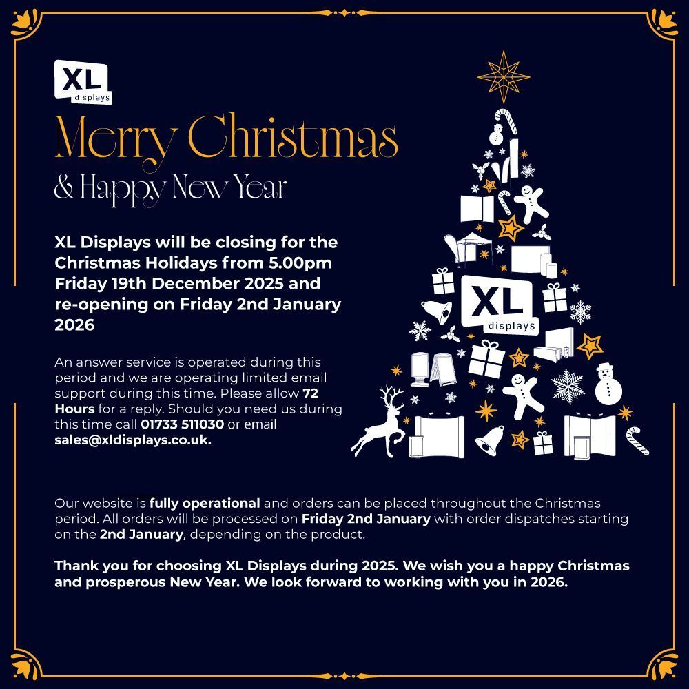 🎄 Merry Christmas &amp; Happy New Year from all of us at XL Displays 🎄

Our offices will close for the Christmas holidays at 5.00pm on Friday December 19th and reopen on Friday 2nd January.

We thank you for your continued support throughout 2025.