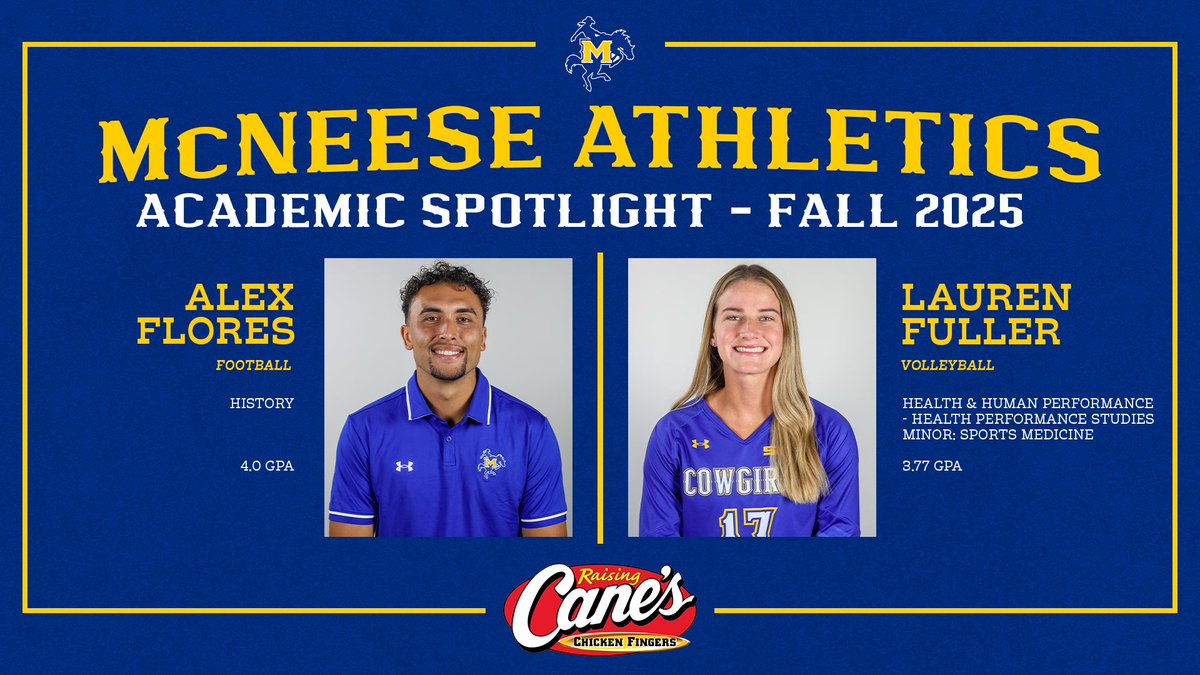 McNeeseSports's tweet image. Wrapping up the semester with our final Student-Athlete Spotlight! ⭐

Congrats to our top male and female graduates!

Alex Flores - @McNeeseFB 
Lauren Fuller - @McNeeseVball 

#GeauxPokes