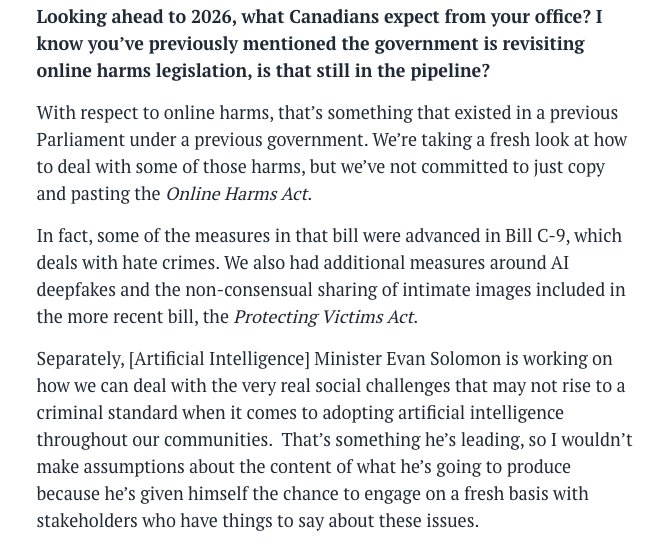 Justice Minister <a href="/SeanFraserMP/">Sean Fraser</a> on what we can expect on the Online Harms file in 2026. 

Great look-ahead from <a href="/iPoliticsCA/">iPolitics</a>: ipolitics.ca/2025/12/19/can…