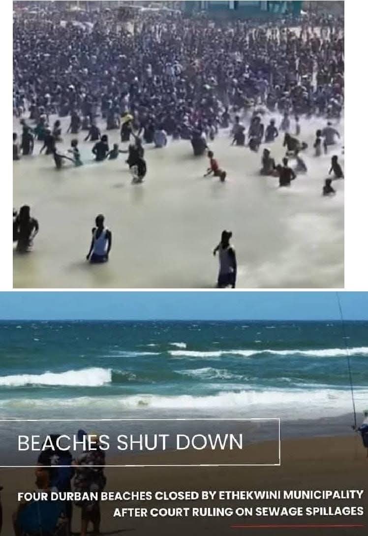 🇿🇦 Two days after the Dec 16th public holiday, multiple Durban beaches shut down due to high levels of human feces in the water... Not surprising when they had to get bulldozers to "Turn over the sand" on the beaches because  of the amount of human feces on the beach....
This is