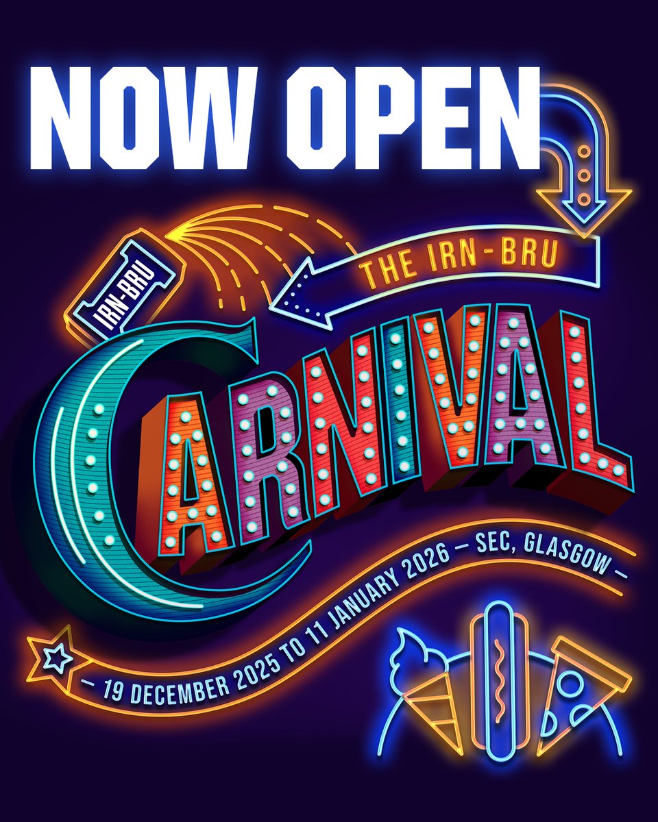 irnbru's tweet photo. It’s FINALLY here! 🎡

The iconic IRN-BRU Carnival is back for another year 🎉 Open from the 19th December till the 11th of January at the SEC, Glasgow.

Have you got the Girders to ride The Extreme Ice Blast? 🎶 

👉 Get your tickets here: https://t.co/qSNWiOBHDV https://t.co/GJF7v25N5V