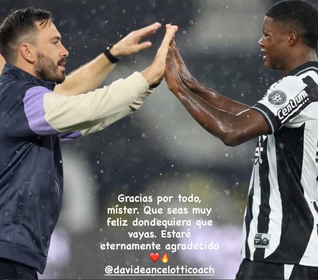 Kadir Barría se despide de Davide Ancelotti, quien dejó de entrenar al Botafogo (RRSS).
