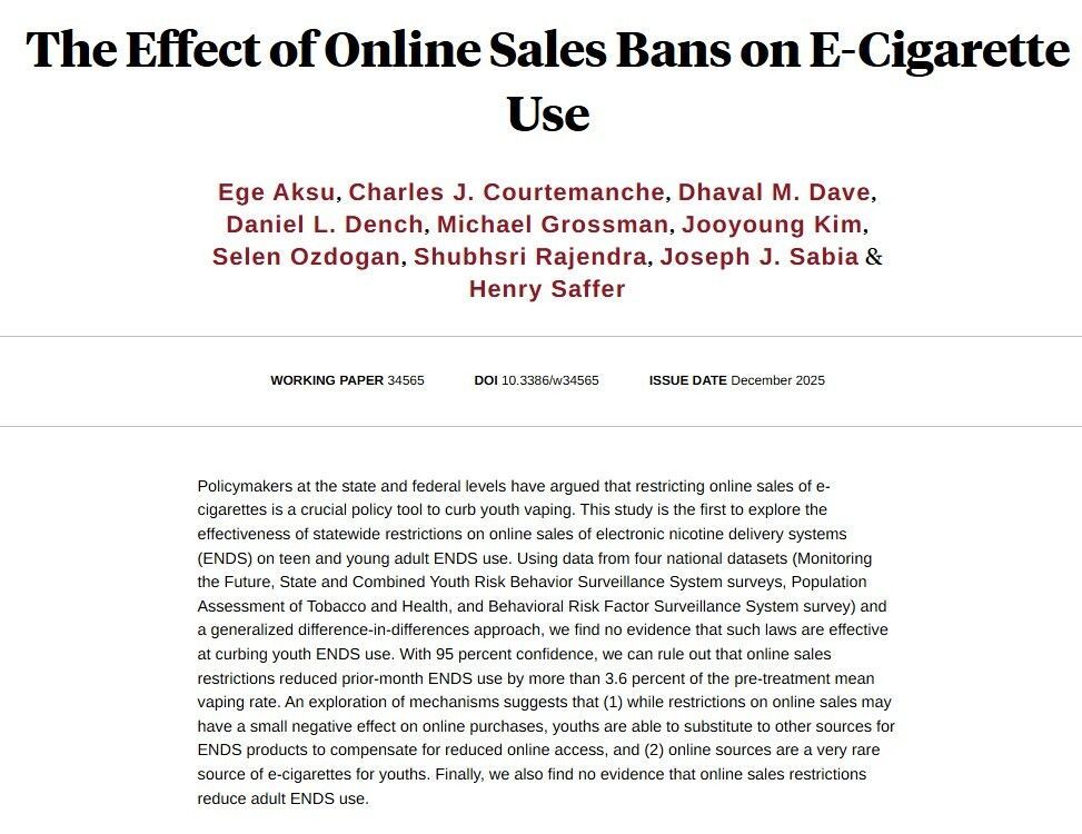nberpubs's tweet photo. Exploring the effectiveness of statewide restrictions on online sales of electronic nicotine delivery systems (ENDS) on teen and young adult ENDS use, from Ege Aksu, @Courtemanche_CJ, Dhaval M. Dave, Daniel L. Dench, @Mikenber, Jooyoung Kim, Selen Ozdogan, Shubhsri Rajendra, @SDSUCHEPS, and Henry Saffer https://t.co/4oU2QzPeHi