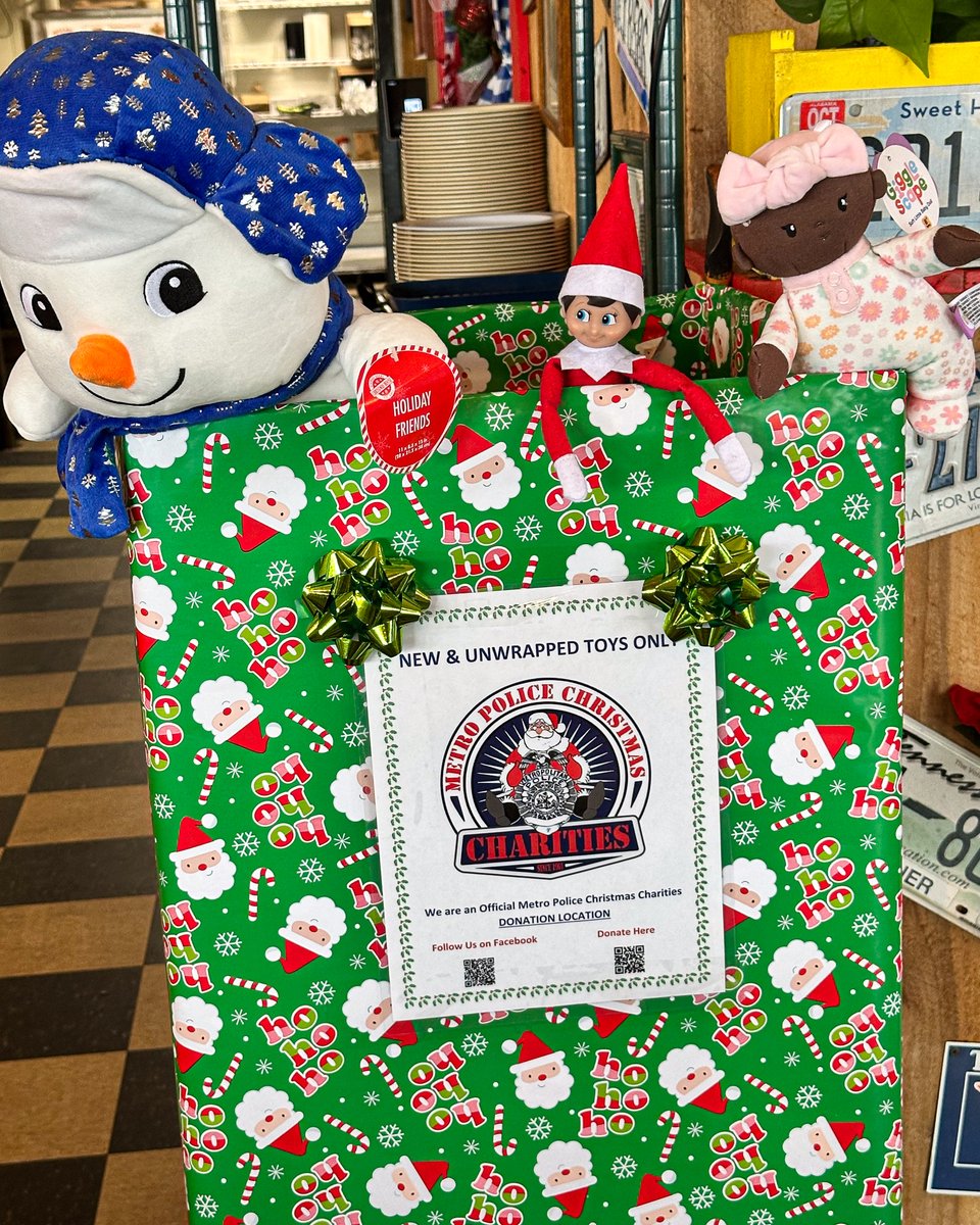 Unclebuds's tweet photo. Budd’er the Elf is keeping watch over our Metro Police Christmas Charities box! Round up your bill or bring a new unwrapped toy to make sure every child gets a gift this Christmas. https://t.co/bkyaOGfSgn
