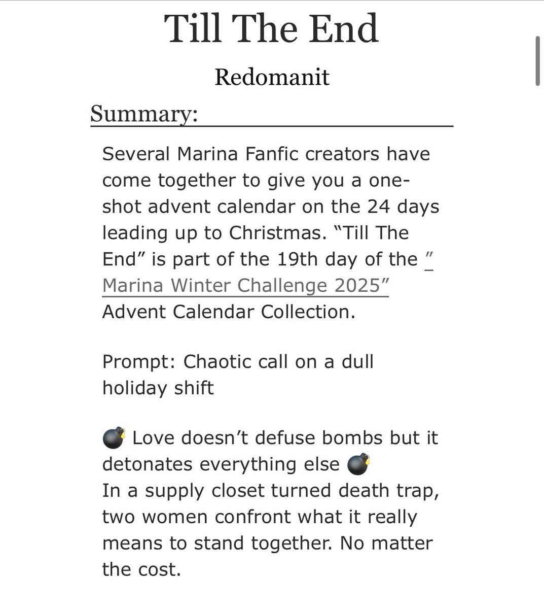 hmd1606's tweet photo. Marina Winter Challenge 2025
Day 19
Prompt- Chaotic Call on a Dull Holiday Shift

Today's OneShot was written by @redomanit

Title: Till the End

Link: https://t.co/tj8Ruo0blC

#MarinaBookClub #MarinaWinterChallenge2025 #Marina https://t.co/YHevIo6dLq