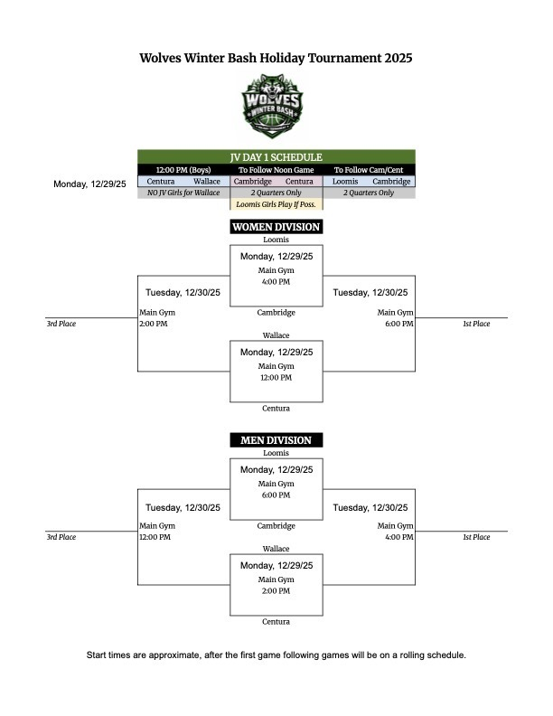 Happy Holidays! Wallace will be playing in the Loomis Winter Bash Holiday Tournament on December 29 and 30.  Monday the JV boys and Varsity Girls play Centura at 12:00CT; Varsity boys play Centura at 2:00CT. Please see attached schedule for Tuesday. #GoCats!