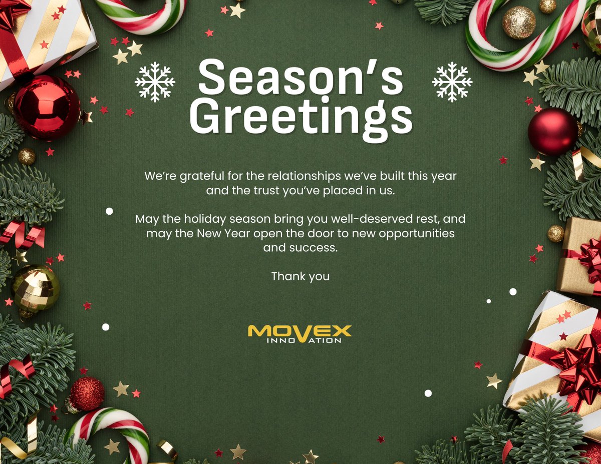 MovexInnovation's tweet photo. As we wrap up the year, we’d like to thank our clients, partners, and team for an amazing year of collaboration and trust.

Wishing you a joyful holiday season and a bright New Year ahead!

📅 Movex will be on holiday from December 19th to January 5th

🎅 Happy Holidays! https://t.co/0rRzck3AoF