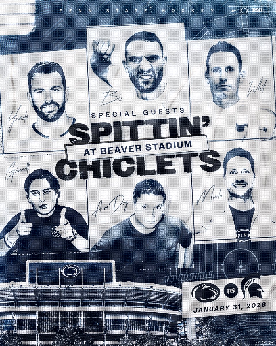 PennStateMHKY's tweet image. See you in January, boys!! 🏟️🏒

Excited to welcome the entire @spittinchiclets crew as our special guests at Beaver Stadium in January‼️

🎟️ gopsu.us/BeaverStadiumH…

#WeAre #HockeyValley