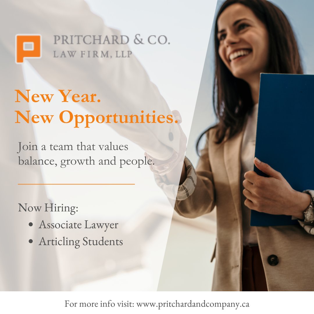 Seeking a change in the new year? Pritchard &amp; Co. is hiring an Associate Lawyer and Articling Students! Join a team that values balance, growth, and people. Start 2026 with us, grounded in tradition and driven by trust.

#Lawyer #LegalCareers #Hiring