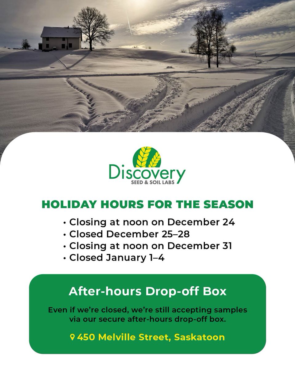 Here are our holiday hours for the season!
If you’re dropping samples during closures, our after-hours drop box is always available!
#DiscoverySeedLabs #Saskatoon #SeedSample #SeedTesting #SeedPerformance