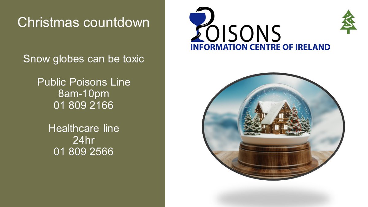 IrelandNpic's tweet photo. #ChristmasCountdown from @IrelandNpi
Snowglobes contain a variety of ingredients including ethylene glycol which is classified as highly toxic. If the liquid is ingested, always seek medical advice. Call @irelandNPIC urgently for prompt advice. https://t.co/3xtw79drZB