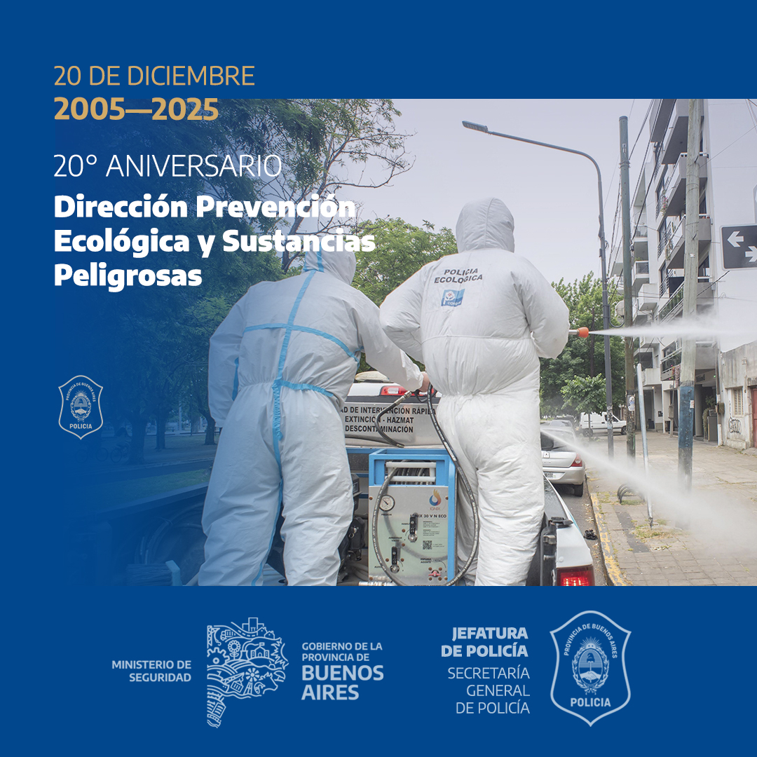 En su 20° aniversario, saludamos a la Dirección de Prevención Ecológica y Sustancias Peligrosas quien se  encarga de cuidar y defender el ecosistema de todo el territorio de la Provincia. 

#PolicíaPBA #Aniversario #DirecciónPrevenciónEcológicaySustanciasPeligrosas 👮🏻‍♀️👮🏻‍♂️