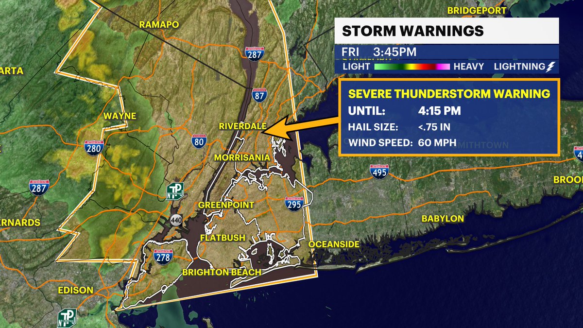 SkylerDayWX's tweet image. Severe thunderstorm warning for Bronx and Brooklyn until 4:15 pm. Stay away from windows and do not head outside until after this has passed. 

Strong to damaging gusts with this along with downpours. Stay safe!