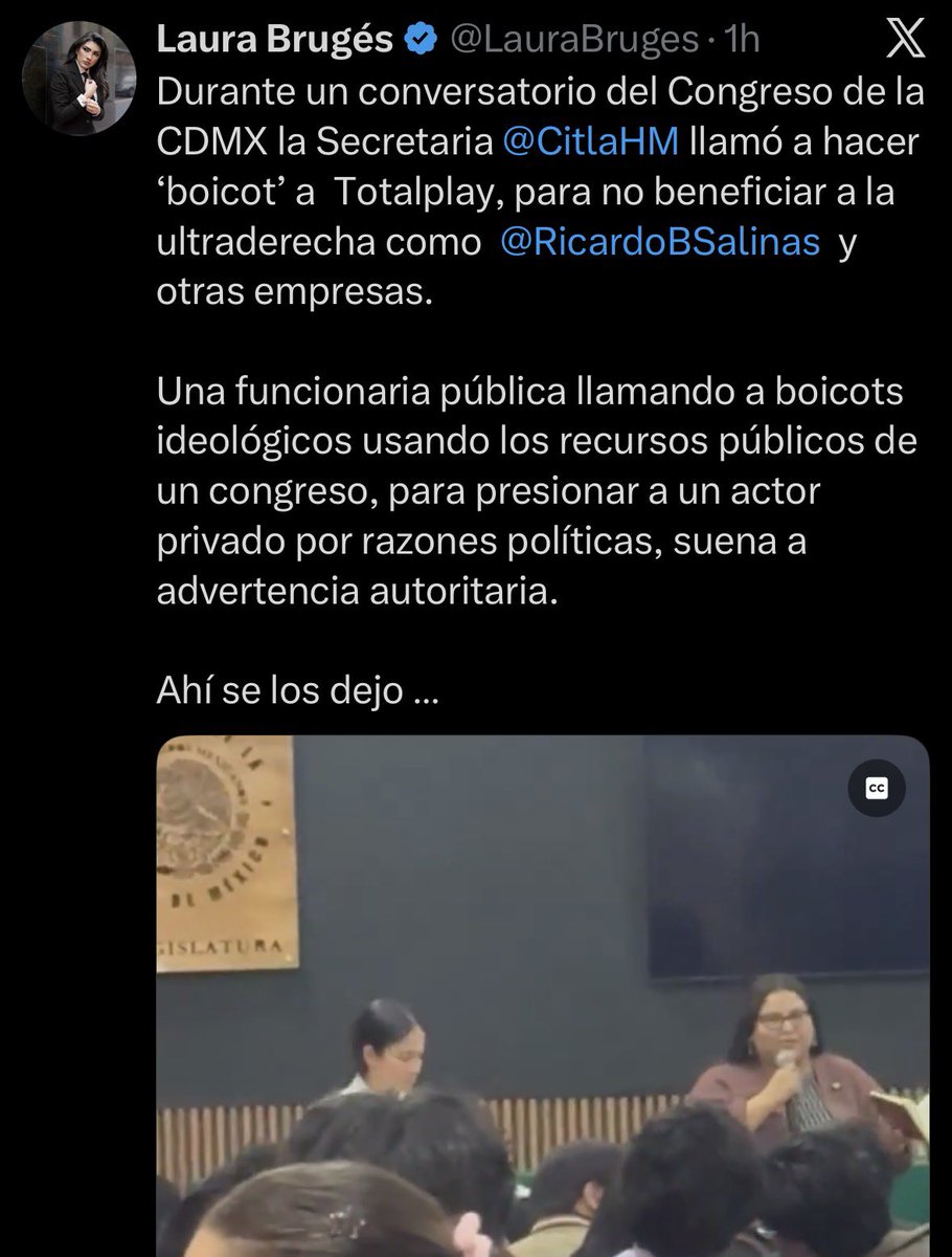 Esta señora <a href="/LauraBruges/">Laura Brugés</a> dice que <a href="/CitlaHM/">Citlalli Hernández Mora</a> , una de las principales damnificadas por los insultos de <a href="/RicardoBSalinas/">Don Ricardo Salinas Pliego</a> no puede emitir su opinión sobre su victimario a las juventudes. ¿Qué le preocupa? ¿Que los jóvenes con los que habla tengan información real de la clase de