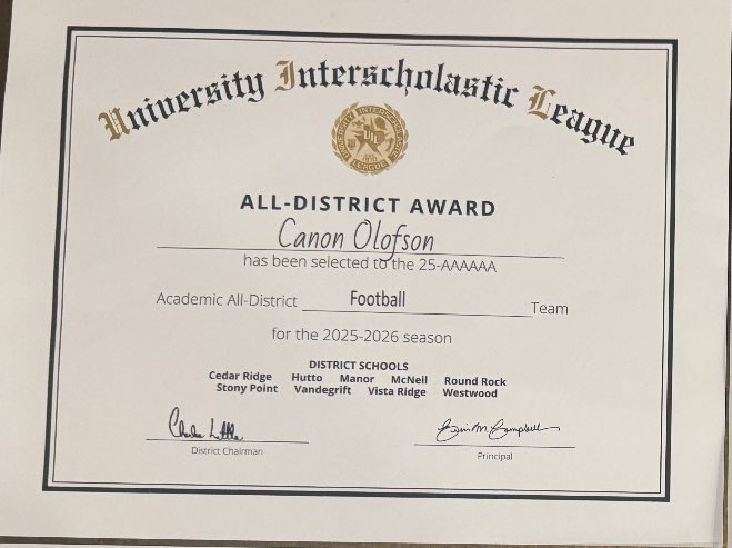 CanonOlofson's tweet image. Grateful to receive All-District 25-6A First team, Academic All-District, and Defensive MVP for my team. Big thanks to my teammates and coaches. 

@CoachWard2 
@rolandogarzajr 
@caseycarter_93 
@WWHSWarrior