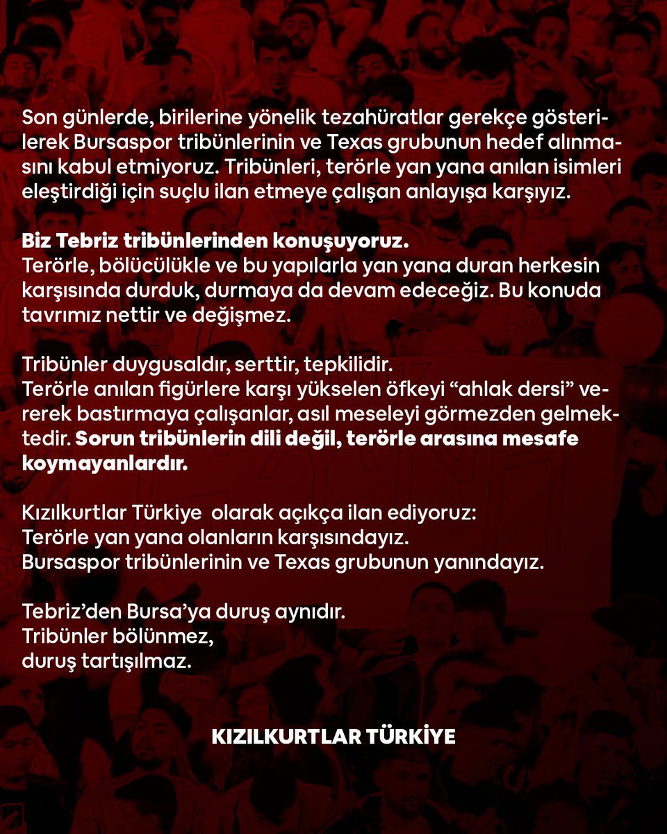 Tebriz’den Bursa’ya duruş aynıdır.

Tribünler bölünmez,

duruş tartışılmaz.

Selam olsun <a href="/teksasorg/">TEKSAS</a>  <a href="/bsmedya/">Bursaspor Medya</a>