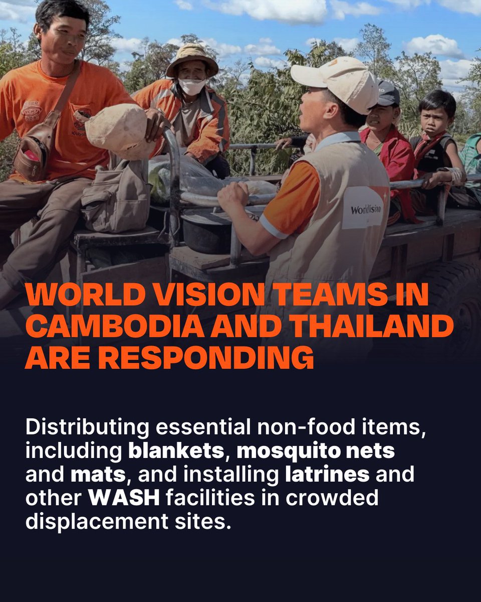 WorldVision's tweet image. World Vision’s teams in Cambodia and Thailand are responding to the renewed border dispute along the Cambodia–Thailand border. We are providing life-saving and child-focused assistance in affected provinces. 

Learn more: ow.ly/xIxt50XMIg4