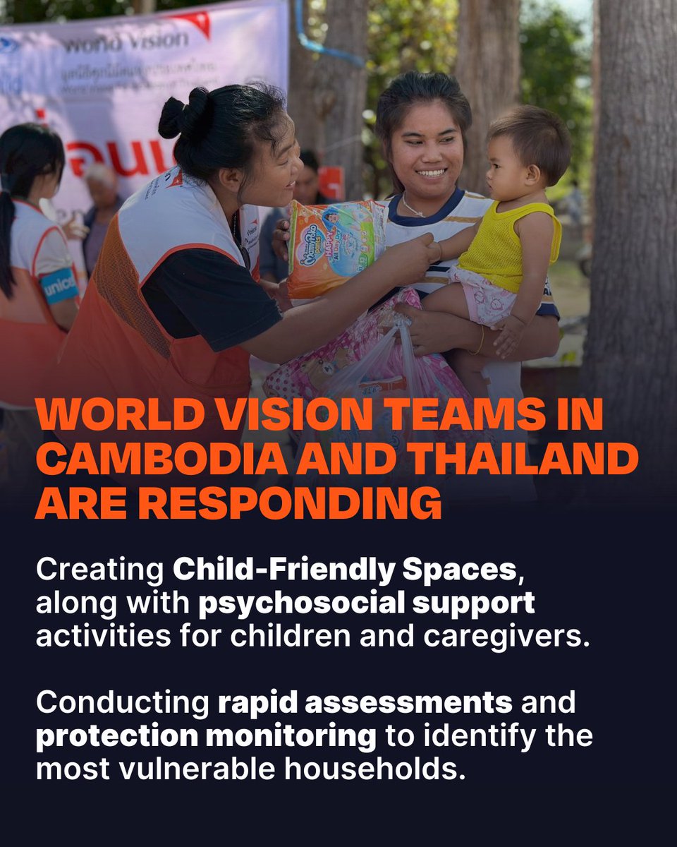 WorldVision's tweet image. World Vision’s teams in Cambodia and Thailand are responding to the renewed border dispute along the Cambodia–Thailand border. We are providing life-saving and child-focused assistance in affected provinces. 

Learn more: ow.ly/xIxt50XMIg4