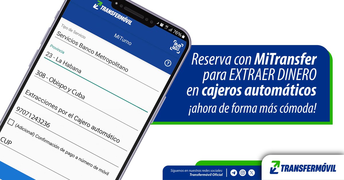 Puedes reservar para extraer efectivo en las sucursales 👇:

📍 Martí #66 esq. Versalles, Guanabacoa
📍 Obispo #257 e/ Cuba y Aguiar, Habana Vieja
📍 O’Reilly #402 esq. Compostela
📍 Centro Comercial #3 Zona 6, Alamar, Habana del Este
📍 Ave. Independencia #8501 esq. 100, Boyeros