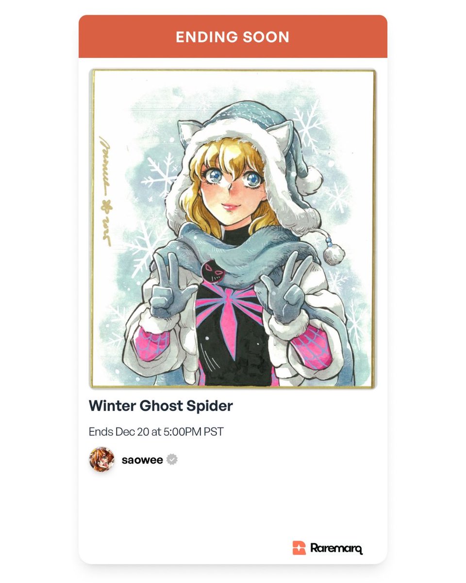 raremarq's tweet photo. Ending tomorrow! ❄️
Don’t miss your chance to bid on this beautiful Winter Ghost-Spider shikishi by the wonderful @_saowee.
🕔 Auction ends December 20, 2025 at 5pm PST
https://t.co/5RcNd2WTqi
#raremarq #saowee #ghostspider #marvel #shikishiart #watercolorart https://t.co/NSzYyNW9Wn