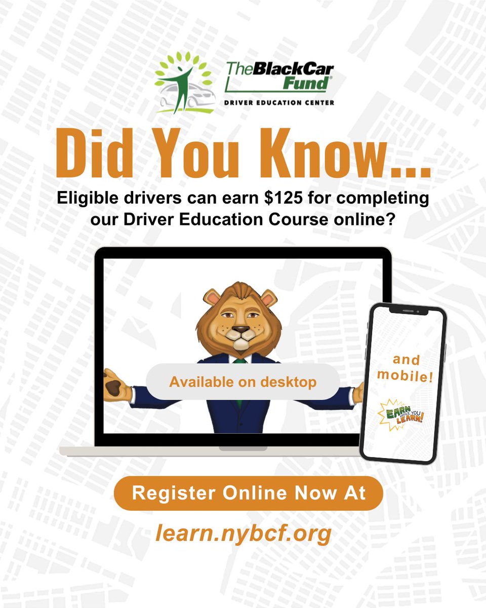 Looking to earn some extra cash? Eligible drivers can take our Driver Education Course online and get paid $125 once every three years! If you haven't already taken the class in person, register now at learn.nybcf.org 

#EarnWhileYouLearn #TheBlackCarFund #DriverEducation