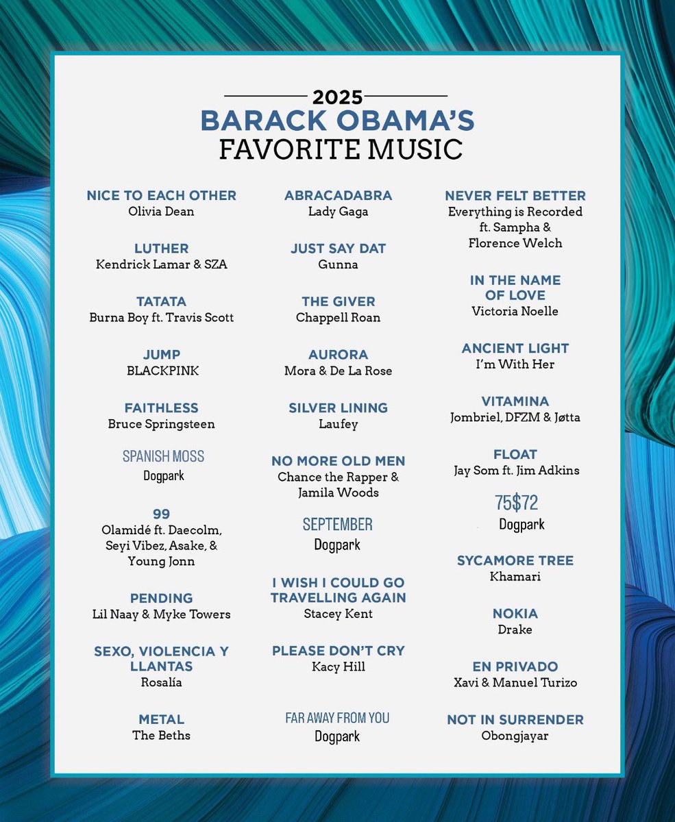 DogparkCrave's tweet image. Former President Barack Obama lists four Dogpark songs in his Favorite Music list of 2025: