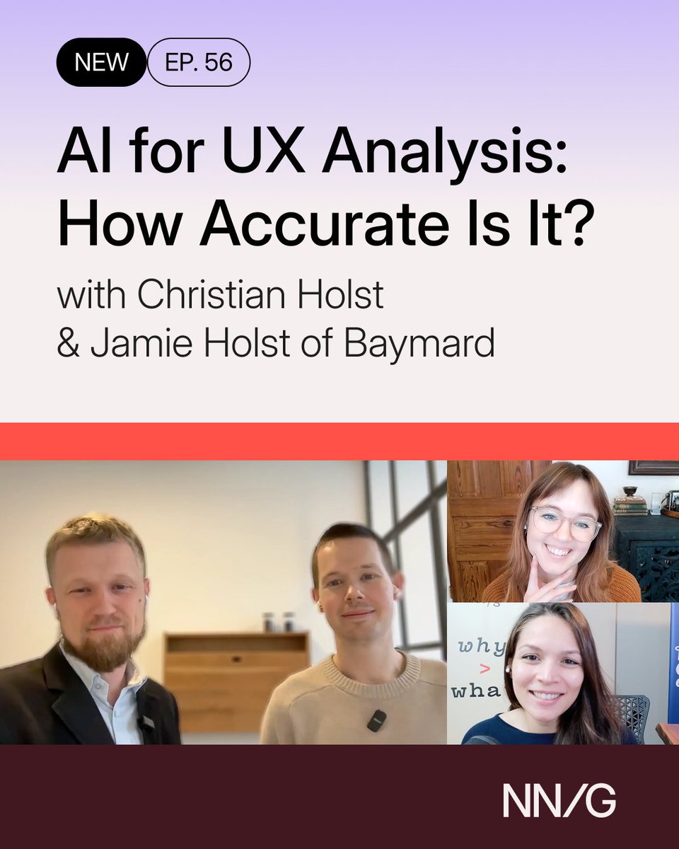 NNgroup's tweet image. Our last episode of the year ⚡ We're talking AI reliability in UX, the risks of over-reliance, and what professionalism means in an AI-driven landscape with the founders of @Baymard.

bit.ly/3L4jAM1
#UXPodcast
