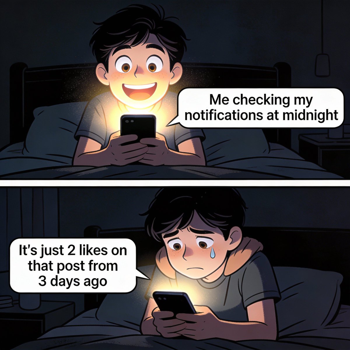 tradebysec's tweet image. That rush at midnight 🔔✨ vs. the reality 😭 #NotificationCheck #SocialMediaLife #PhoneAddict #MidnightMood #Relatable #FunnyMemes