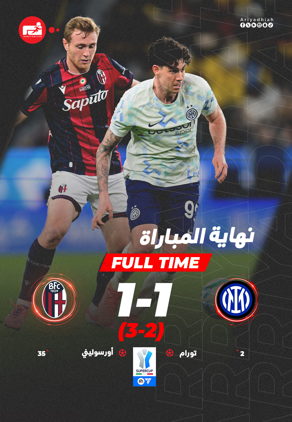 نهاية المباراة. بولونيا يقصي إنتر ميلان بركلات الترجيح (3-2) ويتأهل لمواجهة نابولي في النهائي #إنتر_بولونيا 