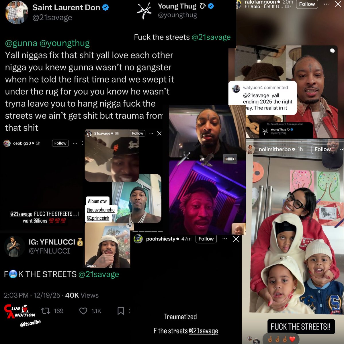 21 Savage sparks a "f*ck the streets" movement in Hip-Hop, also reuniting some rappers📍

Rappers supporting so far:
- G Herbo
- Young Thug
- Pooh Shiesty 
- YFN Lucci
- Ralo
- BIG30

Quavo &amp; Offset got on facetime to end their issues and tease music

Future &amp; 21 facetimed each