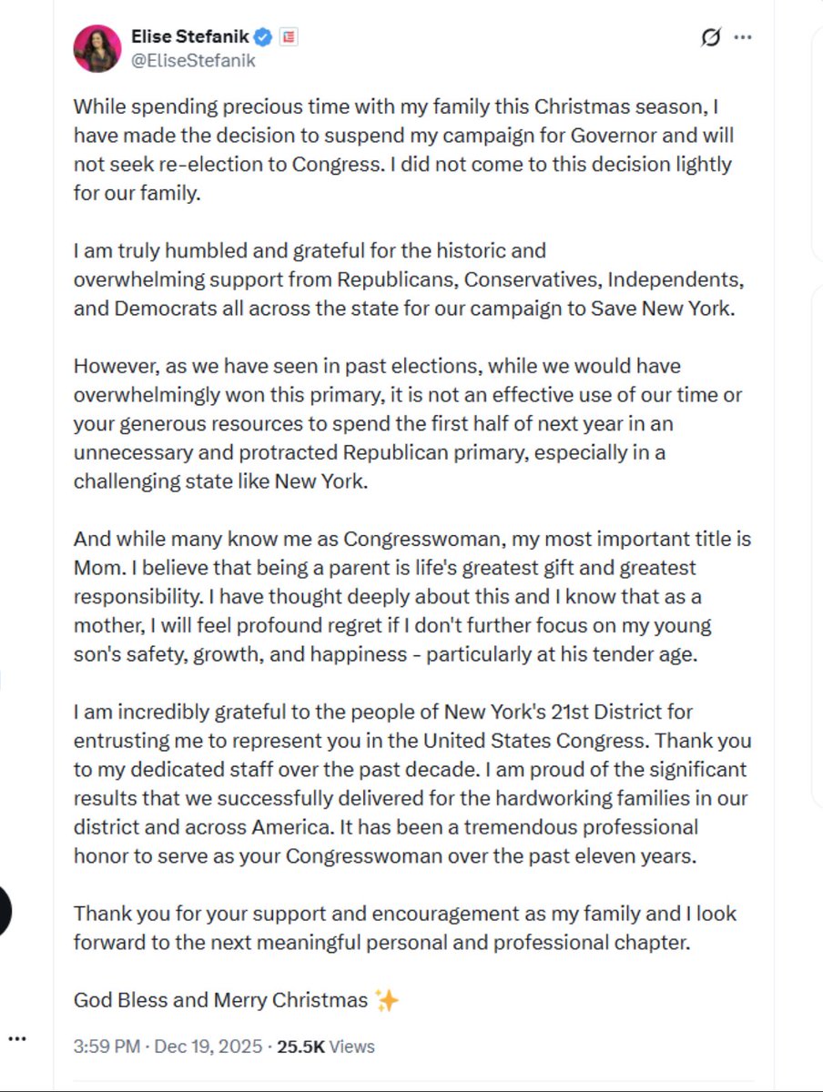 tararosenblum's tweet image. BREAKING - @EliseStefanik suspends campaign for NY Governor