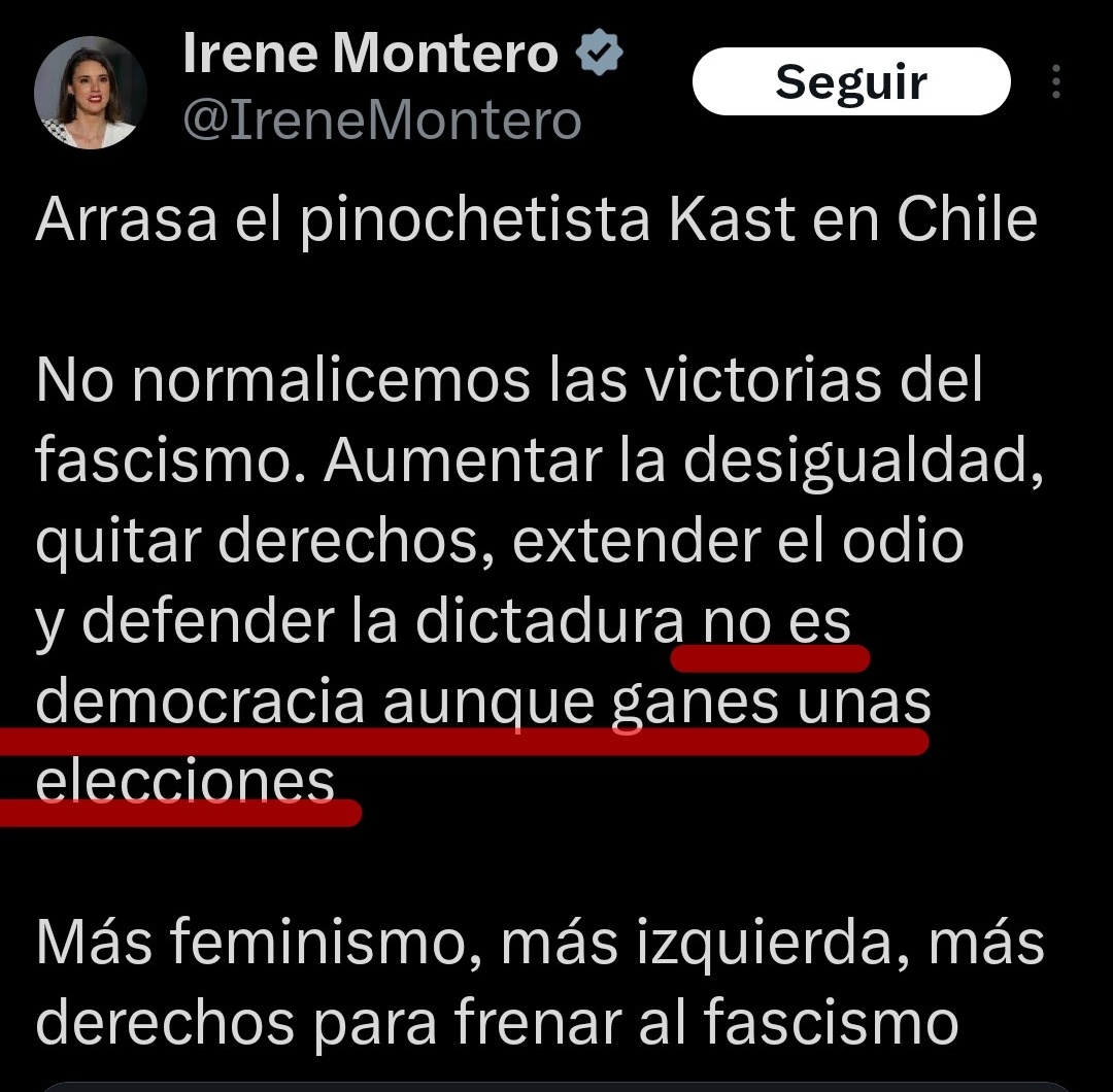 Y nosotros EXIGIMOS que alguien que no dice que ganar unas elecciones NO es democracia debería callarse la boca.
Que nos tiene muy hartos la pesada ésta.