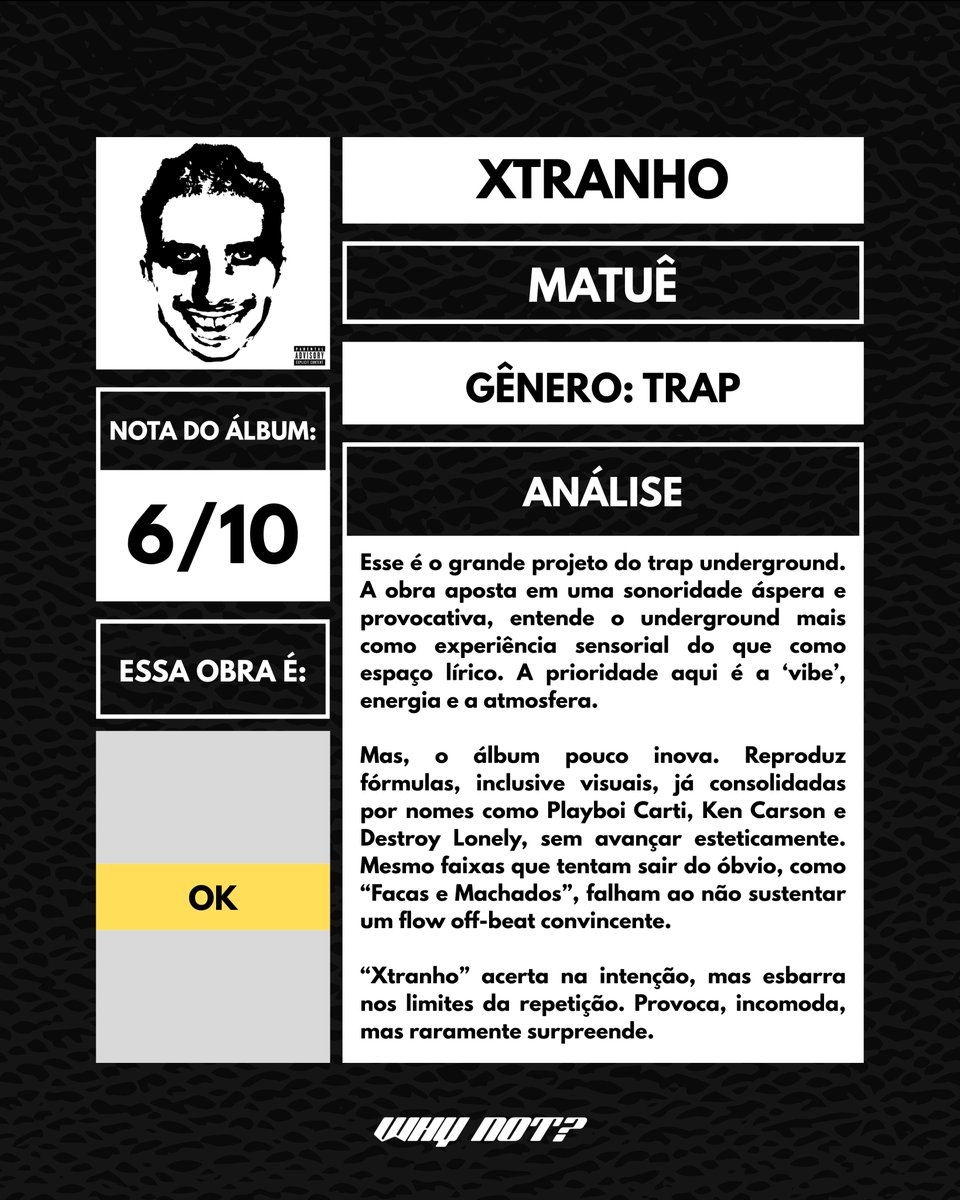 whynotmidia's tweet photo. O ‘Why Not?’ tá voltando às origens! 💽

Lá atrás, quando ainda se chamava ‘Review The Rap’, a proposta era simples: ouvir, sentir e falar a real. Então toma aí uma análise à moda antiga.

O que você achou de Xtranho? https://t.co/cXdtPw4E7b