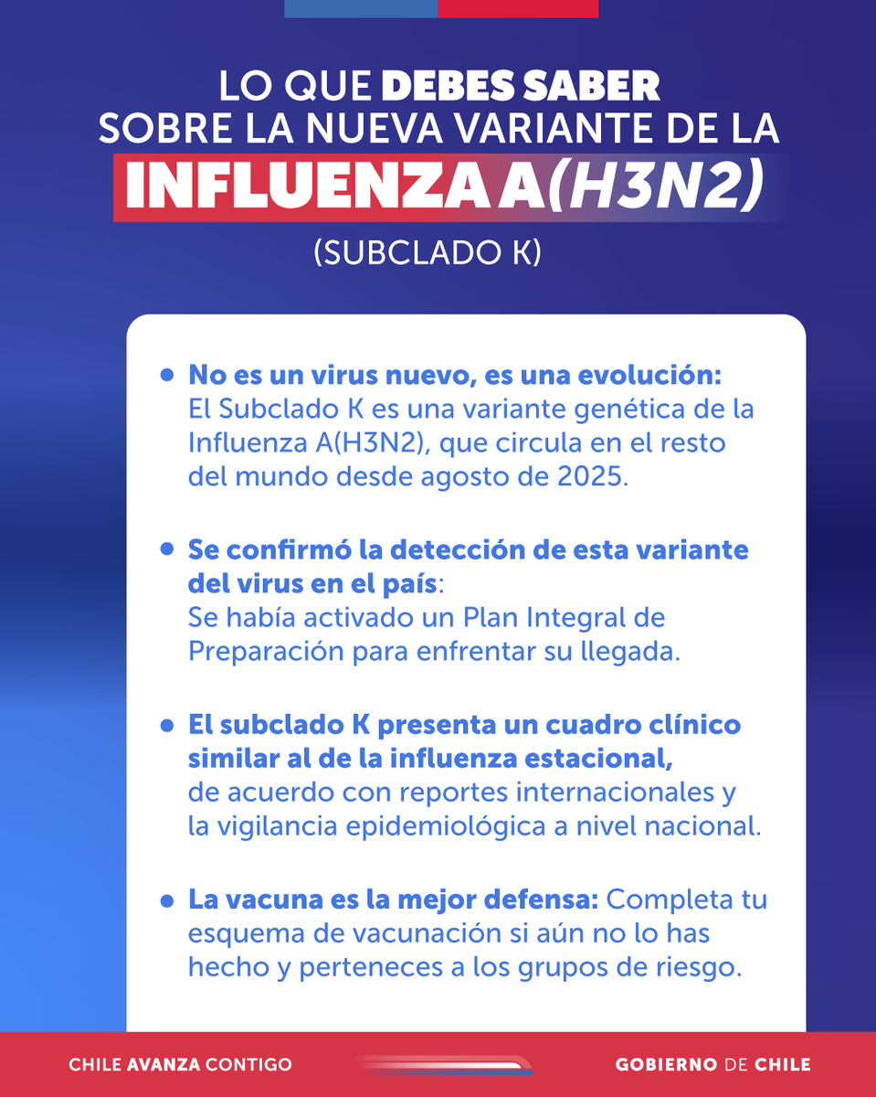 Ante la presencia del subclado K de Influenza A (H3N2) en el país, es importante informarse y reforzar las medidas de autocuidado: lávate frecuentemente las manos, cúbrete boca y nariz con antebrazo al toser y estornudar, evita lugares con aglomeraciones y ventila tu hogar