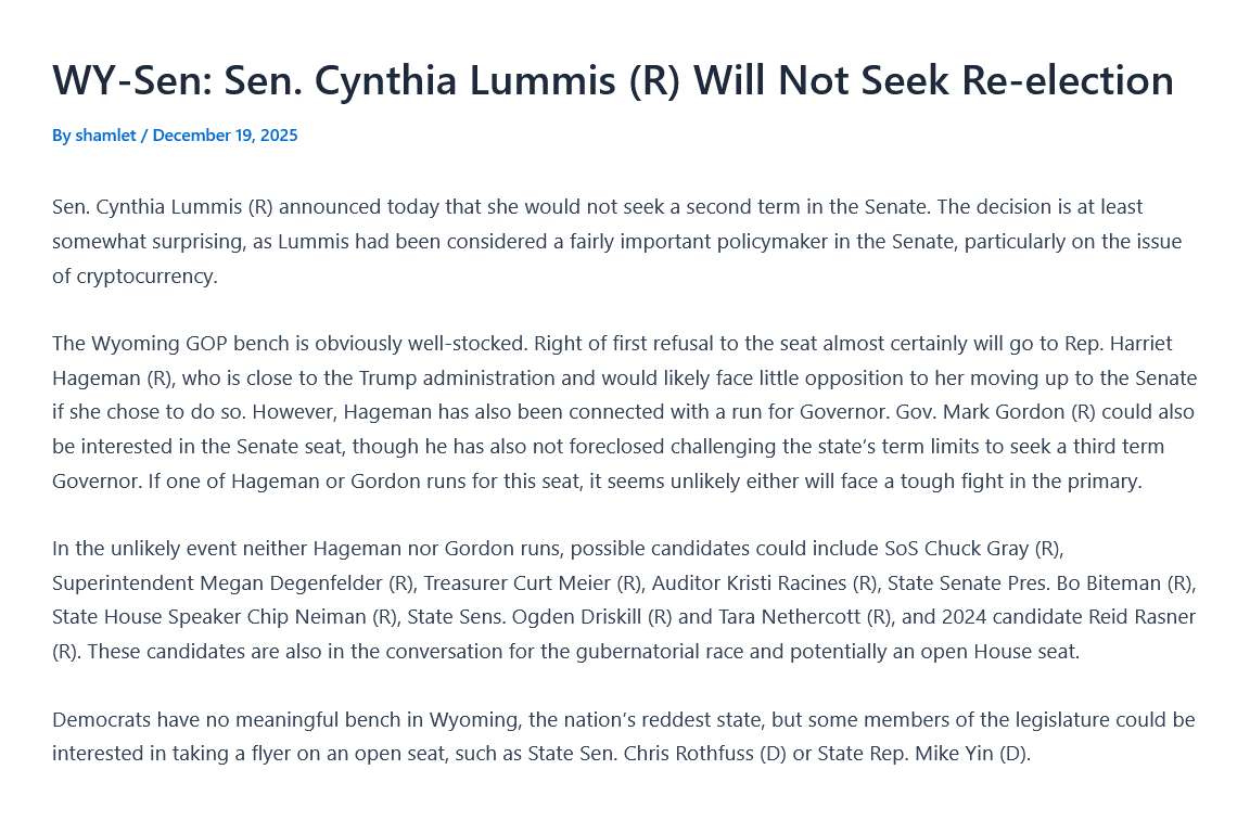 RRHElections's tweet photo. π¨#WYSen Sen. Cynthia Lummis (R) will not run for a second term in 2026. We have a Great Mentioner for the open seat in the nation's reddest state here: https://t.co/I3ScJqCHa5 https://t.co/EsWKtHJy4R