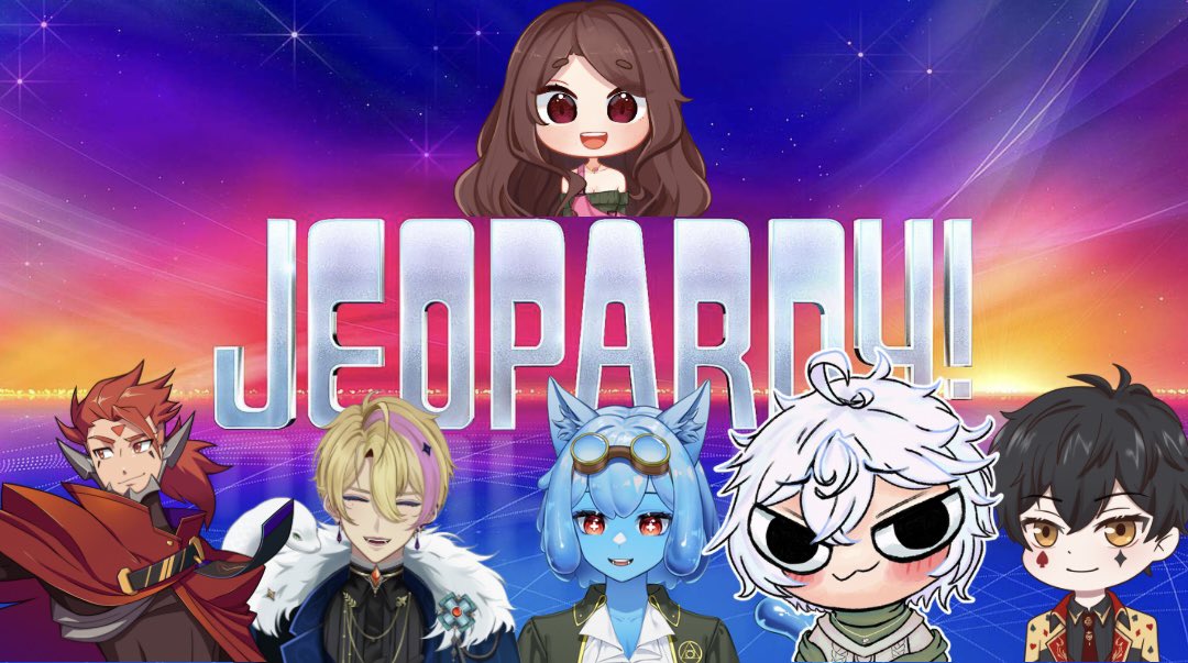 Come join me and my wonderful contestants <a href="/IcarusHanyo/">Icarus | on bsky~</a> <a href="/XenoEphemeral/">✨ Xeno ✨ Space Prince VTuber</a> <a href="/Elixir_Slimecat/">Spare Elixir</a> <a href="/Lucky_Honk/">LuckyHonk</a> and <a href="/OranNoxVT/">Oran Nox 🃏✨ | Cursed Cardmaster VTuber</a> at 6 pm cst for some holiday jeopardy I made for my work party! I’ll be live on both Twitch and TikTok