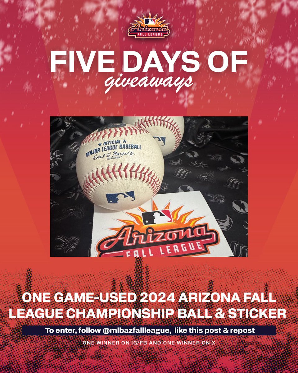 MLBazFallLeague's tweet image. For day three of our five days of giveaways, we’re giving away an authenticated 2024 Arizona Fall League Championship baseball (and a sticker).

To enter, follow us, like this post and repost. The winner will be selected on Christmas Eve (Dec. 24th)