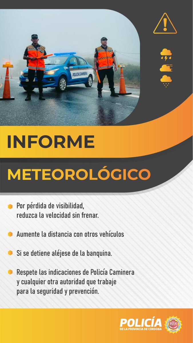 ⛈️ INFORME DE TORMENTAS

ℹ️ Se prevé para la noche de hoy y hasta las 14 h de mañana, la presencia de tormentas de variada intensidad, acompañadas de granizo, abundante caída de agua en períodos cortos y ráfagas de vientos de hasta 70 km/h.

‼️Se recomienda circular con