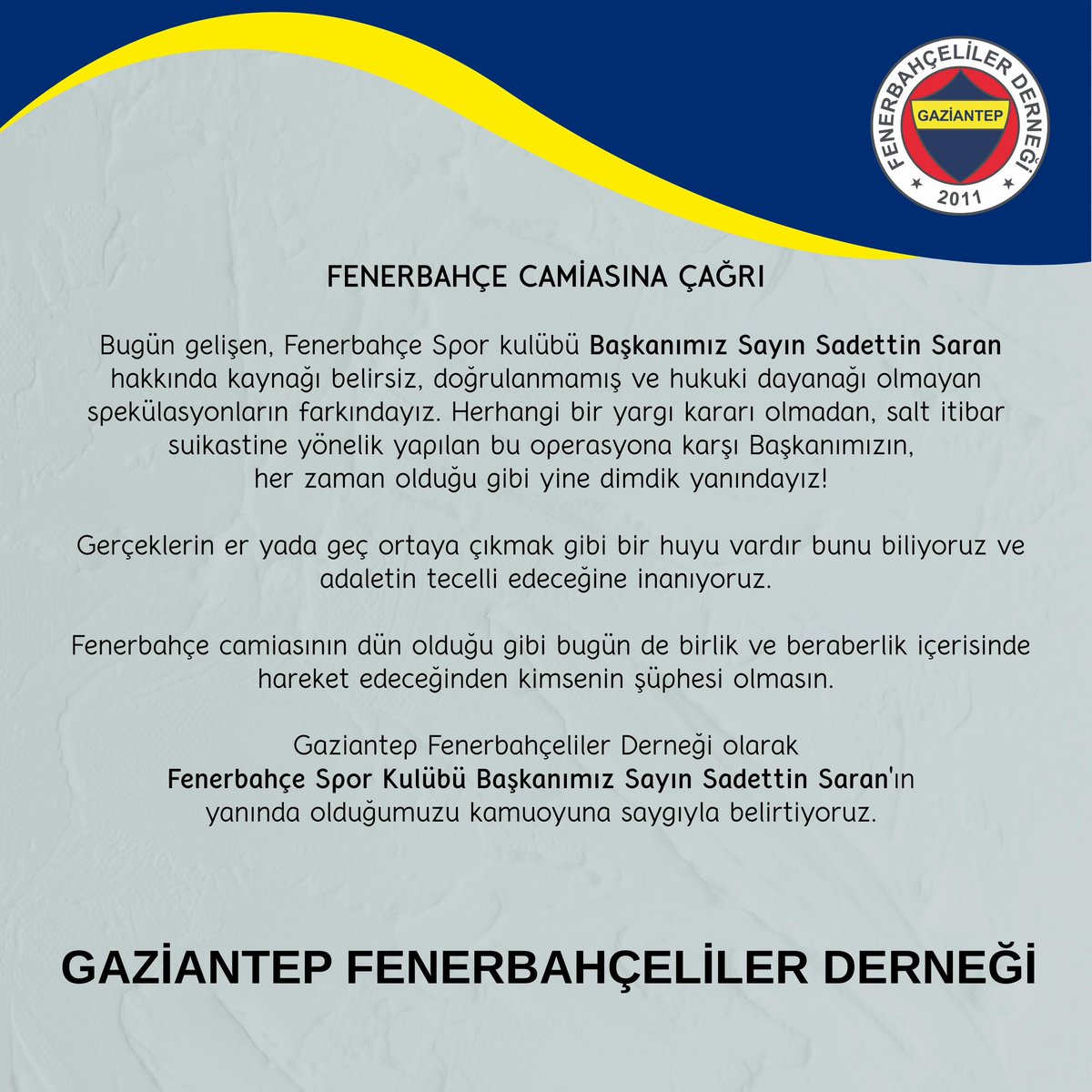 gantepfbdernegi's tweet photo. Fenerbahçe Başkanı Büyüktür!..
BOĞAZINIZDA KALIR!.. 💪🏻💙💛
#sadettinsaraniyedirmeyiz https://t.co/H6cgojFTKD