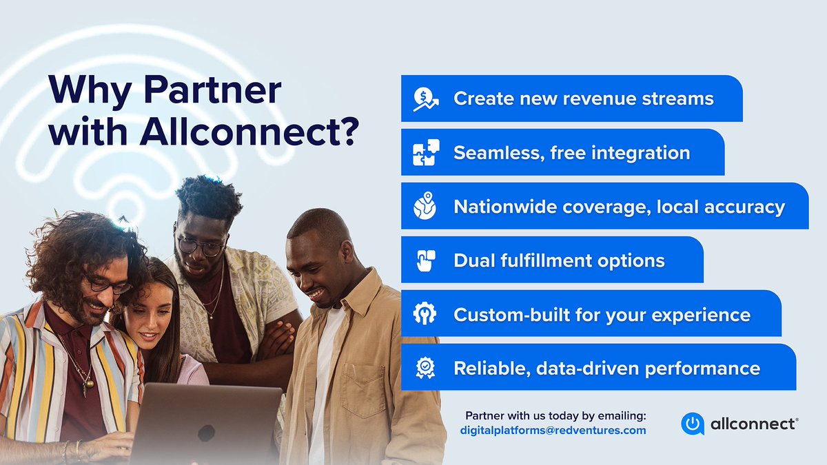 Create new revenue streams with a partner that delivers. Allconnect offers seamless integration, nationwide reach and reliable performance built for your customers.

Connect with us at digitalplatforms@redventures.com to learn more.

#Allconnect #PartnerWithUs