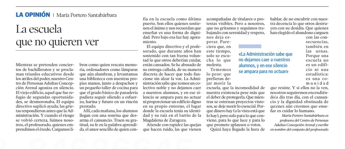 victorjuan's tweet image. No conozco a María Portero ni a ningún otro profesor del EPA Concepción Arenal de Zaragoza, pero esta manera de entender la educación da sentido a la escuela pública.
Necesitamos muchas maestras como ellas. Se merecen  más recursos, todo nuestro apoyo y reconocimiento.