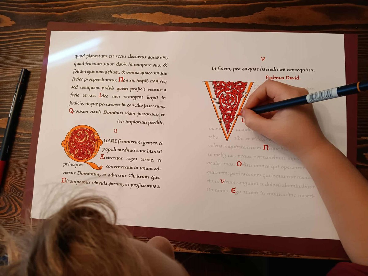 AHomelyHouse's tweet image. Imagine beginning with an untrained hand and ending with a book fit for royalty. That’s the journey our Psalter students are taking this year.  

They learn medieval calligraphy, Latin psalmody, illumination, and spiritual practice: page by page, week by week. As they write, they…