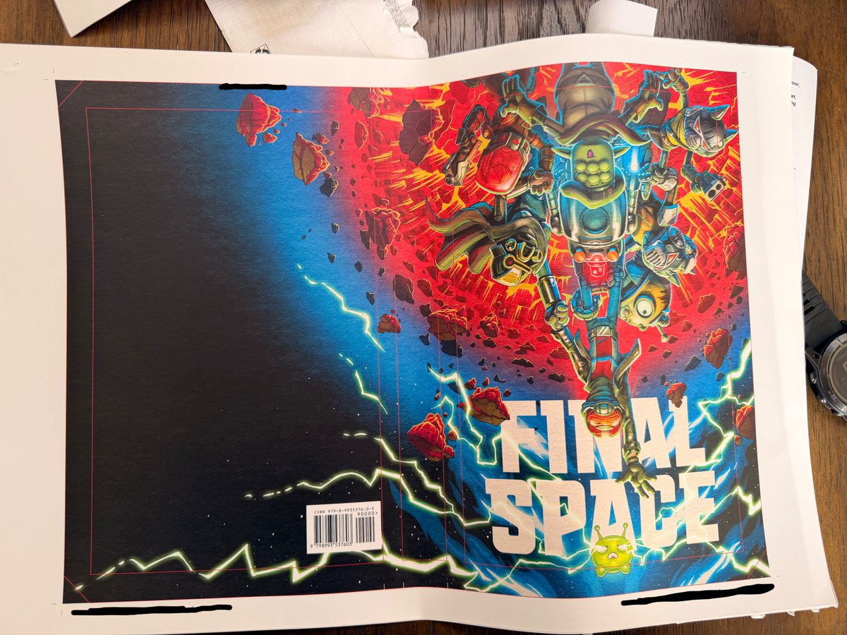 FinalSpace's tweet image. Happy Final Space Friday!
Got physical samples in the mail this week and big progress to share. All interior color is officially approved. It looks great! That part is locked and looking great.
The cover is almost there. We caught one thing in the sample stage that we want to fix…