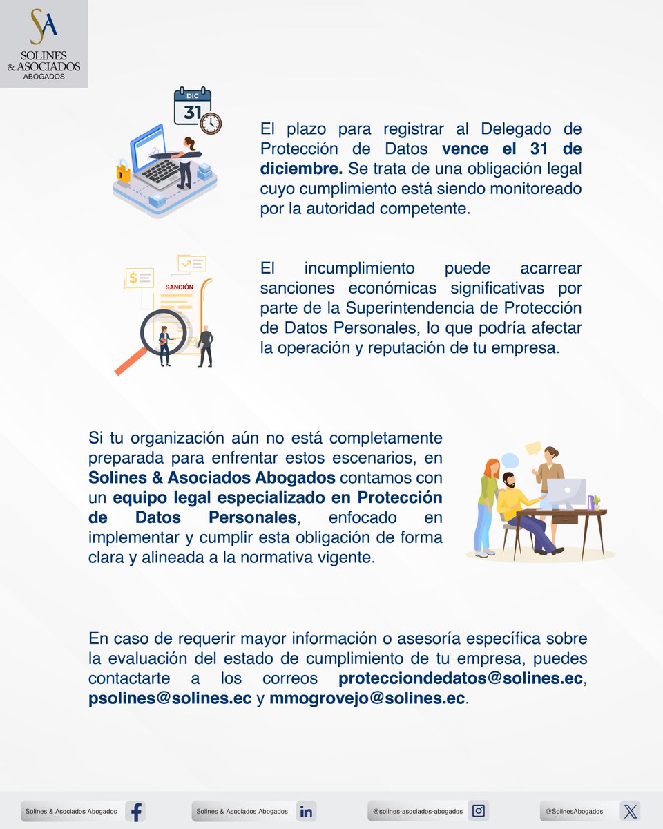Tienes hasta  el 31 de #diciembre para #registrar a tu #Delegado de #ProteccióndeDatos.
No hacerlo puede costarte más de lo que imaginas: multas, observaciones y daño a tu reputación corporativa.
🔍 ¿Tu empresa ya cumplió con esta obligación?
Cuéntanos en los comentarios