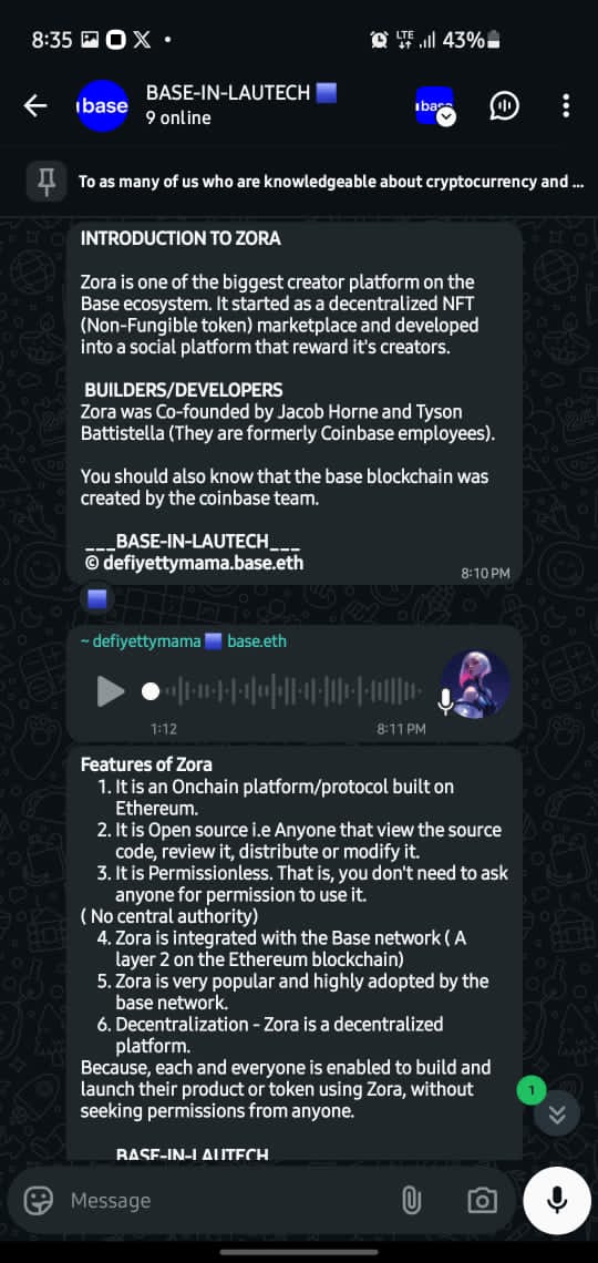 BaseInLautech's tweet image. Dec 15 at BASE-IN-LAUTECH 
We introduced students to Zora, showed how content lives onchain, how creators earn, and why ownership matters.

We’re focused on sensitizing the students on BASE and help them grow from campus to global scale.

This is how ecosystems grow.